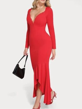 Shapewear Long Sleeve Lace Trim Sculpting Mermaid Maxi Dress